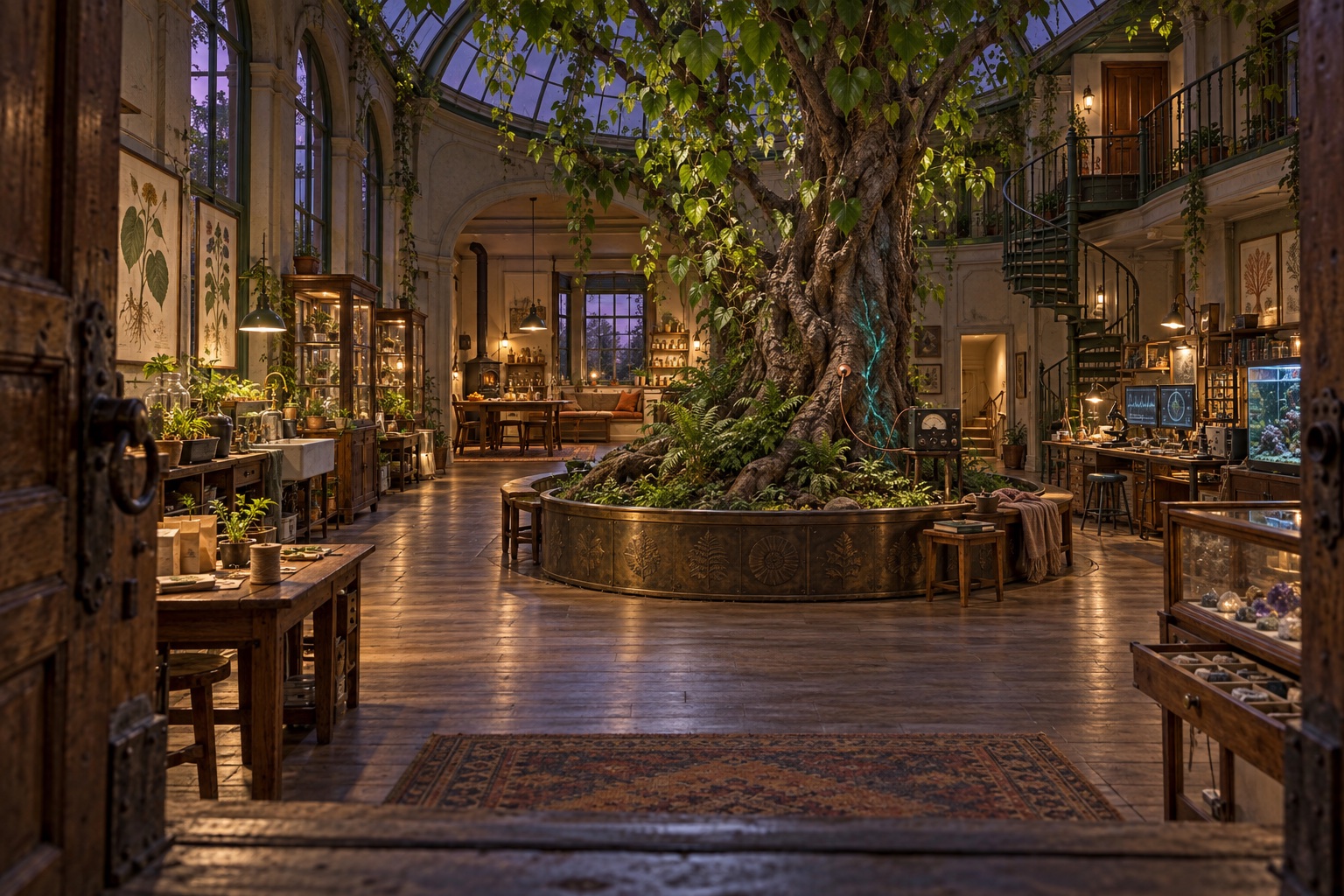 A living Bodhi tree surrounded by botanical workbenches and instruments inside Sia’s museum-home