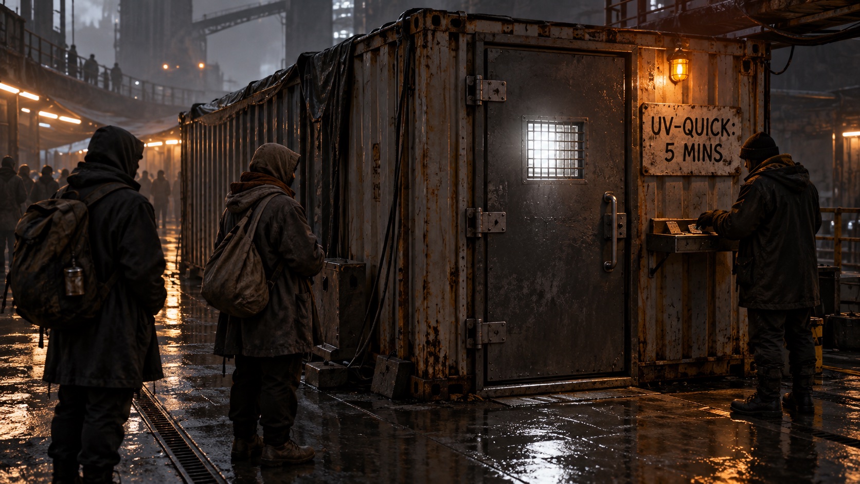 Dim Zone residents waiting outside a weathered sun booth